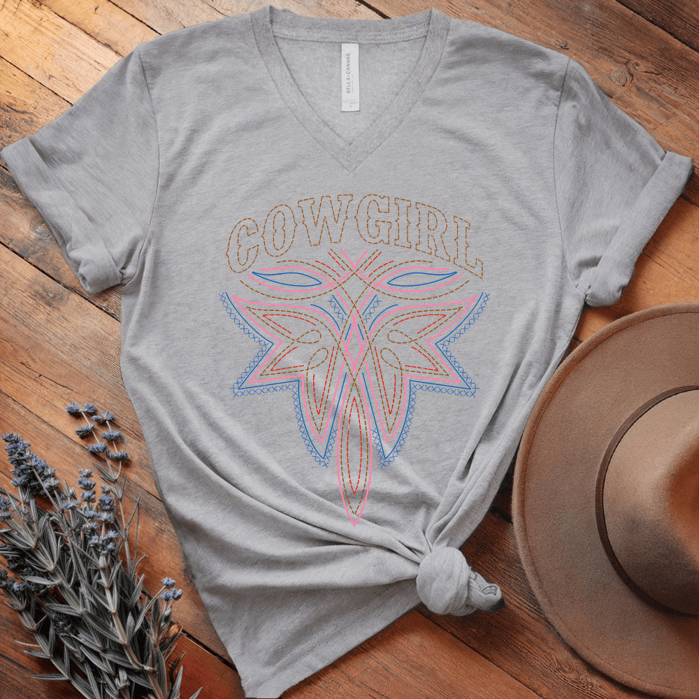 Stitching Cowgirl - V-neck - Athletic Heather