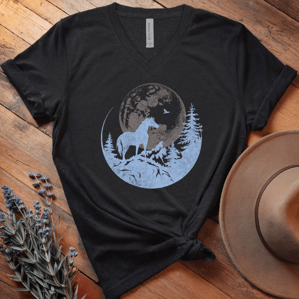 Horse and Full moon Art - V-neck - Black