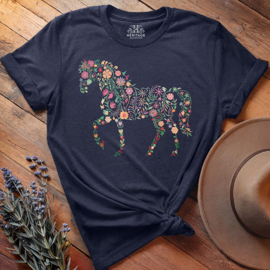 Horse Flower Fair in Ochre Loose Fitting V Neck Shirt