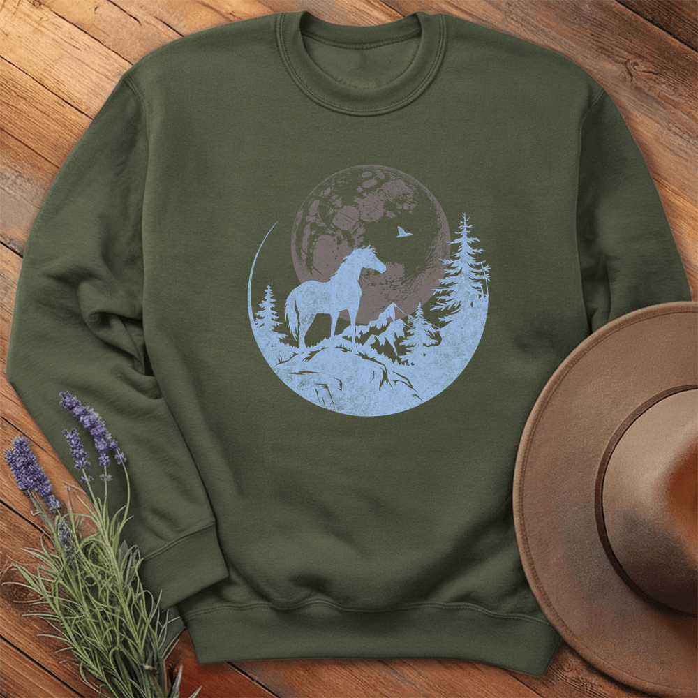 Horse and Full moon Art- Sweatshirt - Military Green