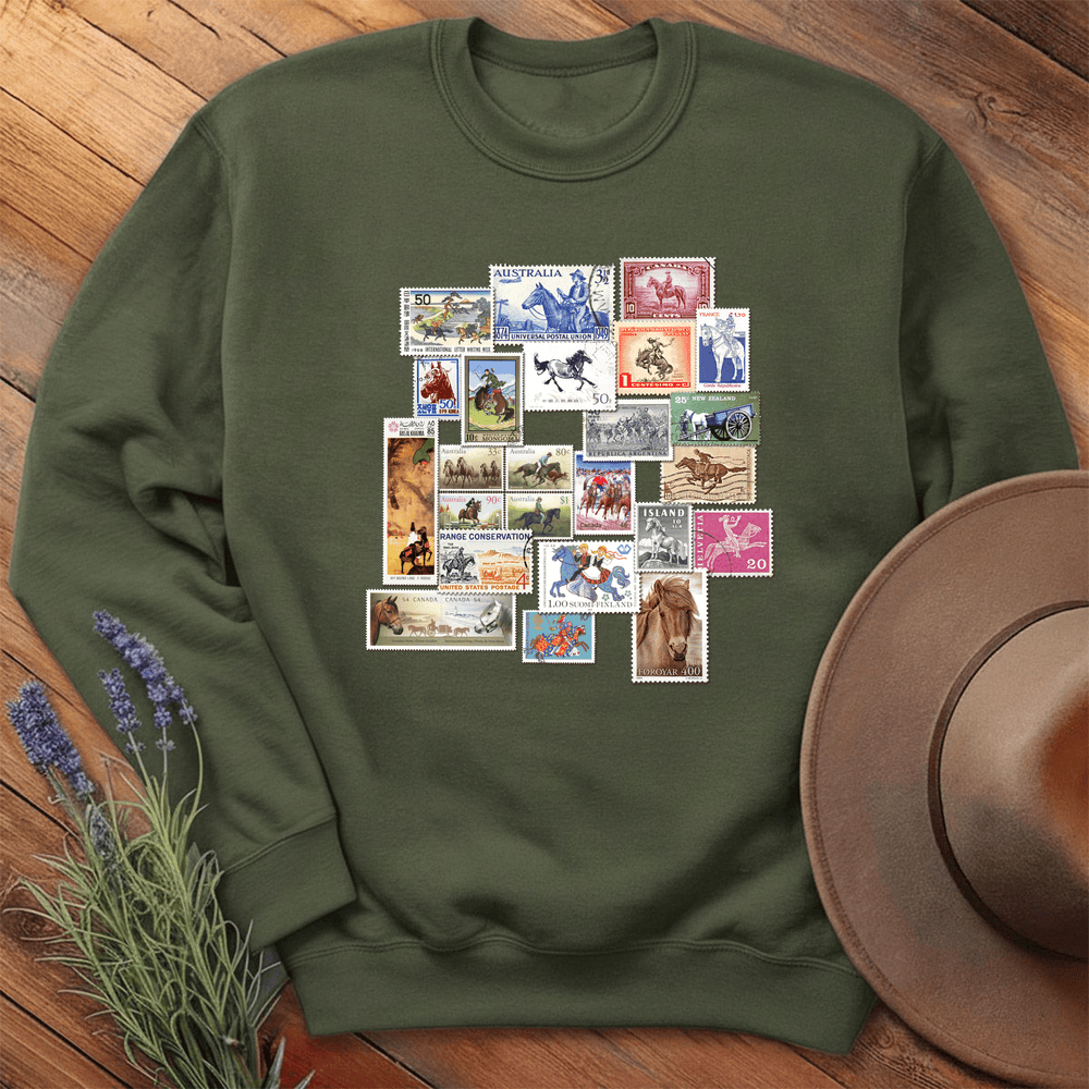 Horses Stamps of the World - Sweatshirt - Military Green