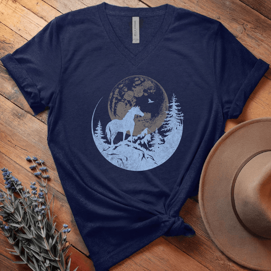 Horse and Full moon Art - V-neck - Navy