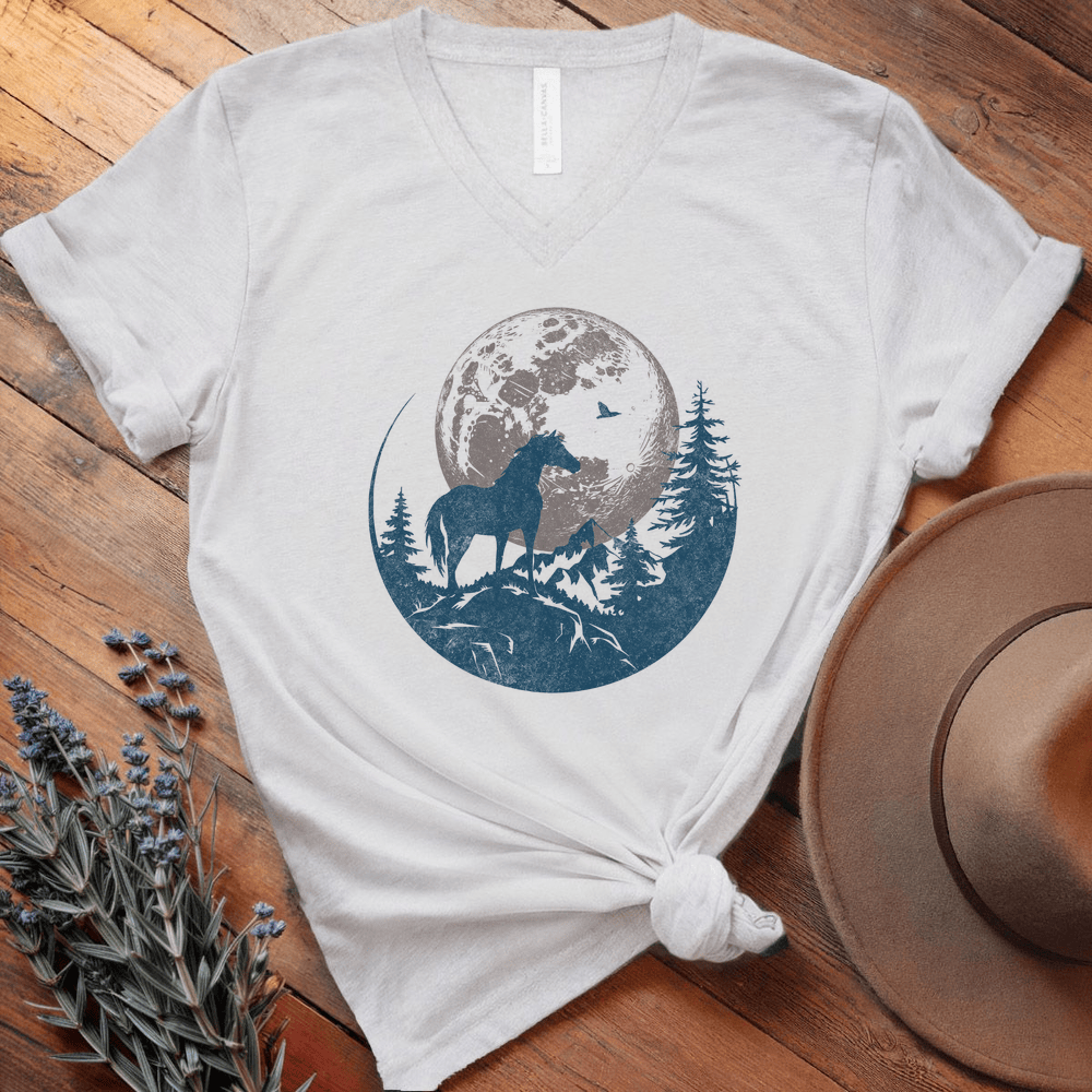Horse and Full moon Art - V-neck - White